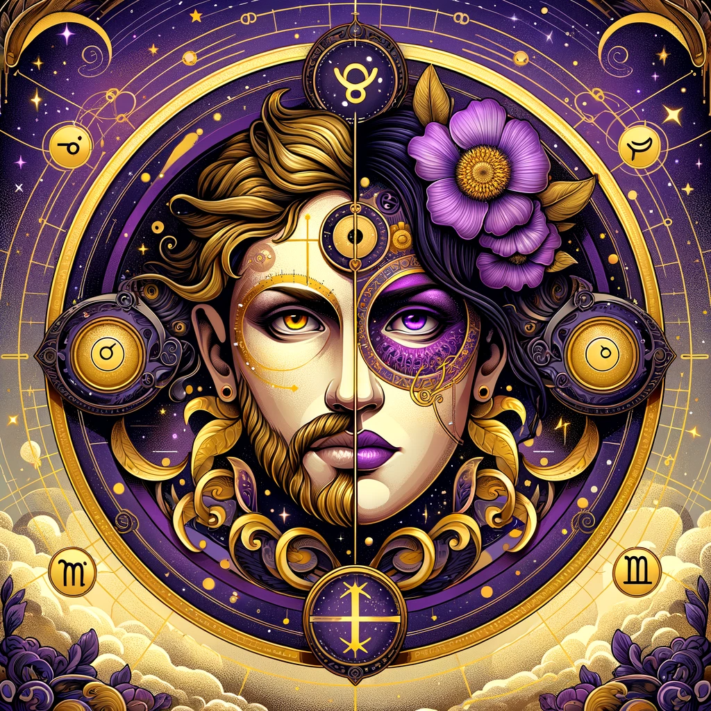 DALL·E 2023 11 09 14.32.56 Create an elaborate illustration that highlights the dualistic character of a Gemini utilizing the astrological colors of gold and purple. The image